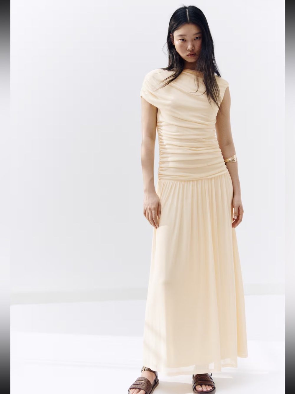 H&M butter yellow Ruched Maxi Dress